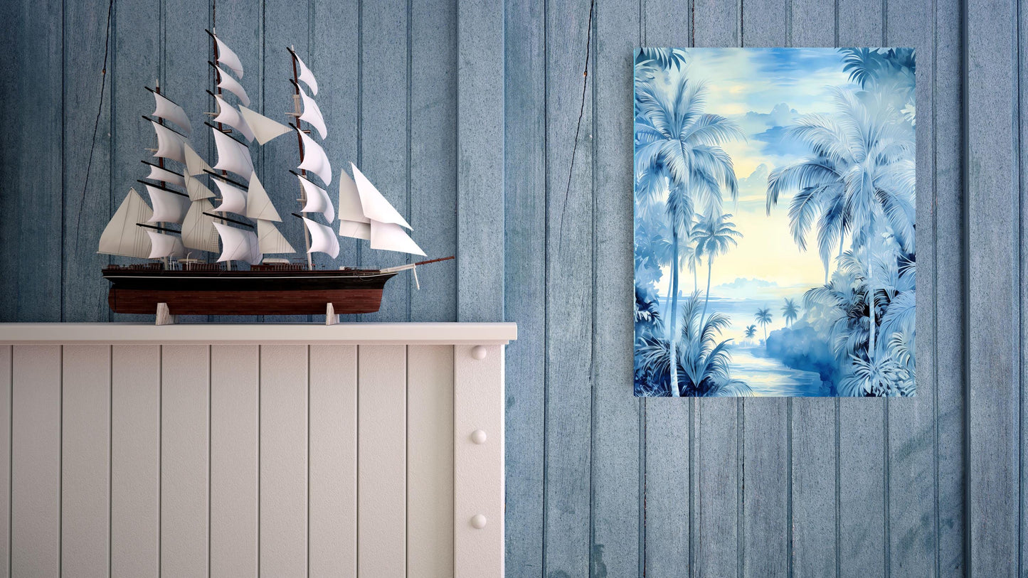 16x20 Blue Tropical Palms Coastal Wall Art Canvas Print