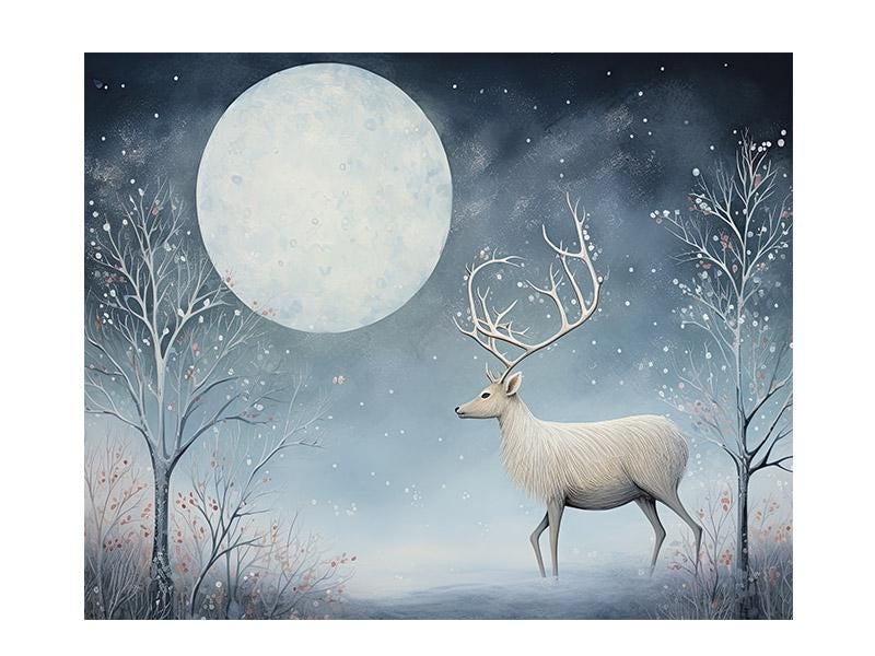 20x16 Christmas White Winter Deer Wall Art Canvas Print