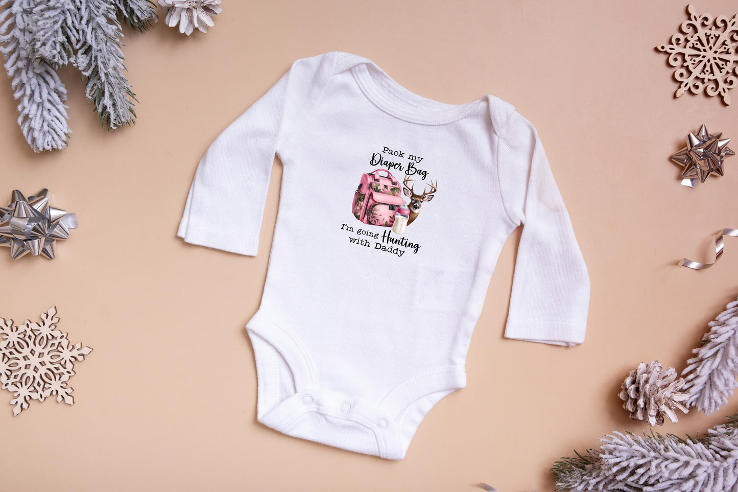 Baby Bodysuit, Pink Hunting with Daddy One Piece Baby Suit, Baby Gift, Long / Short Sleeve, 0-18 Months size