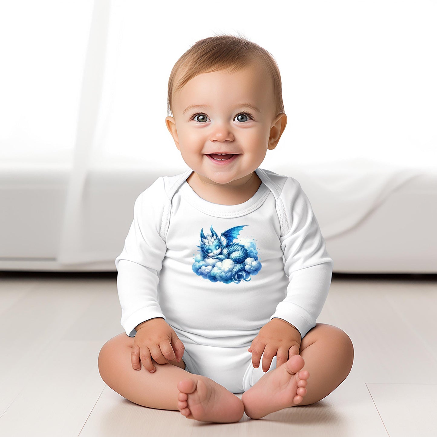 Baby Bodysuit, Sleeping Blue Dragon One Piece Baby Suit, Baby Gift, Long / Short Sleeve, 0-18 Months size