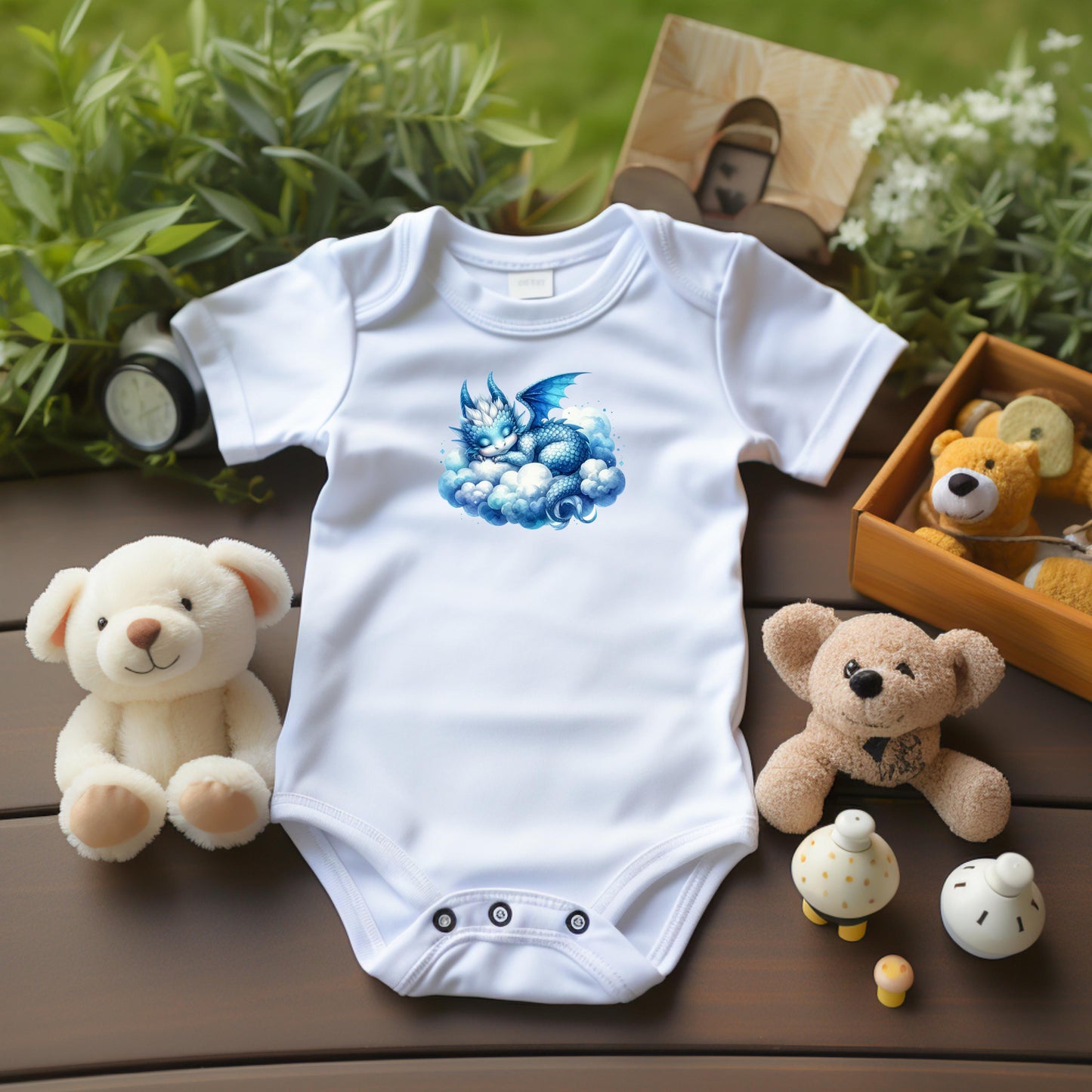 Baby Bodysuit, Sleeping Blue Dragon One Piece Baby Suit, Baby Gift, Long / Short Sleeve, 0-18 Months size