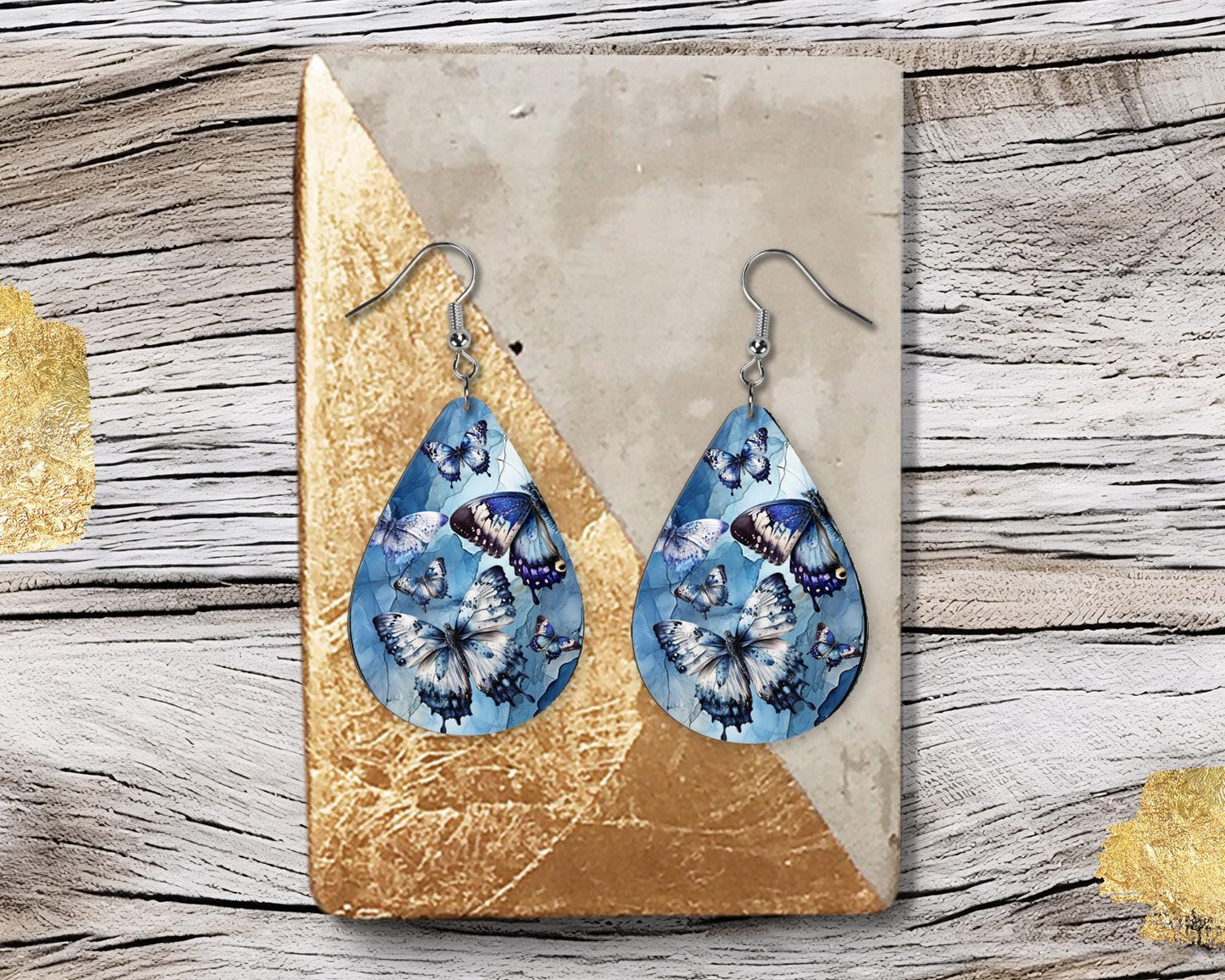 Blue and White Butterflies Teardrop Wood Dangle Earrings Hypoallergenic Jewelry