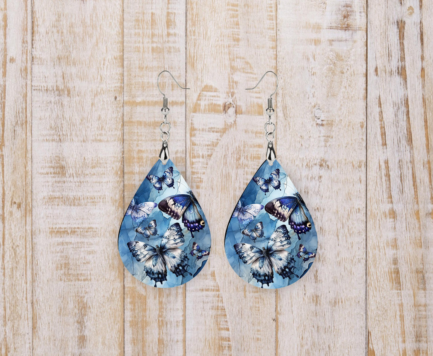 Blue and White Butterflies Teardrop Wood Dangle Earrings Hypoallergenic Jewelry