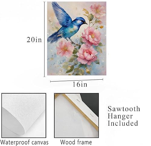 16x20 Blue Bird and Pink Flowers Wall Art Canvas Print