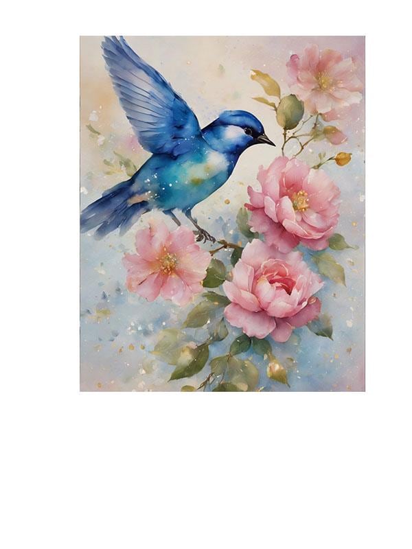 16x20 Blue Bird and Pink Flowers Wall Art Canvas Print