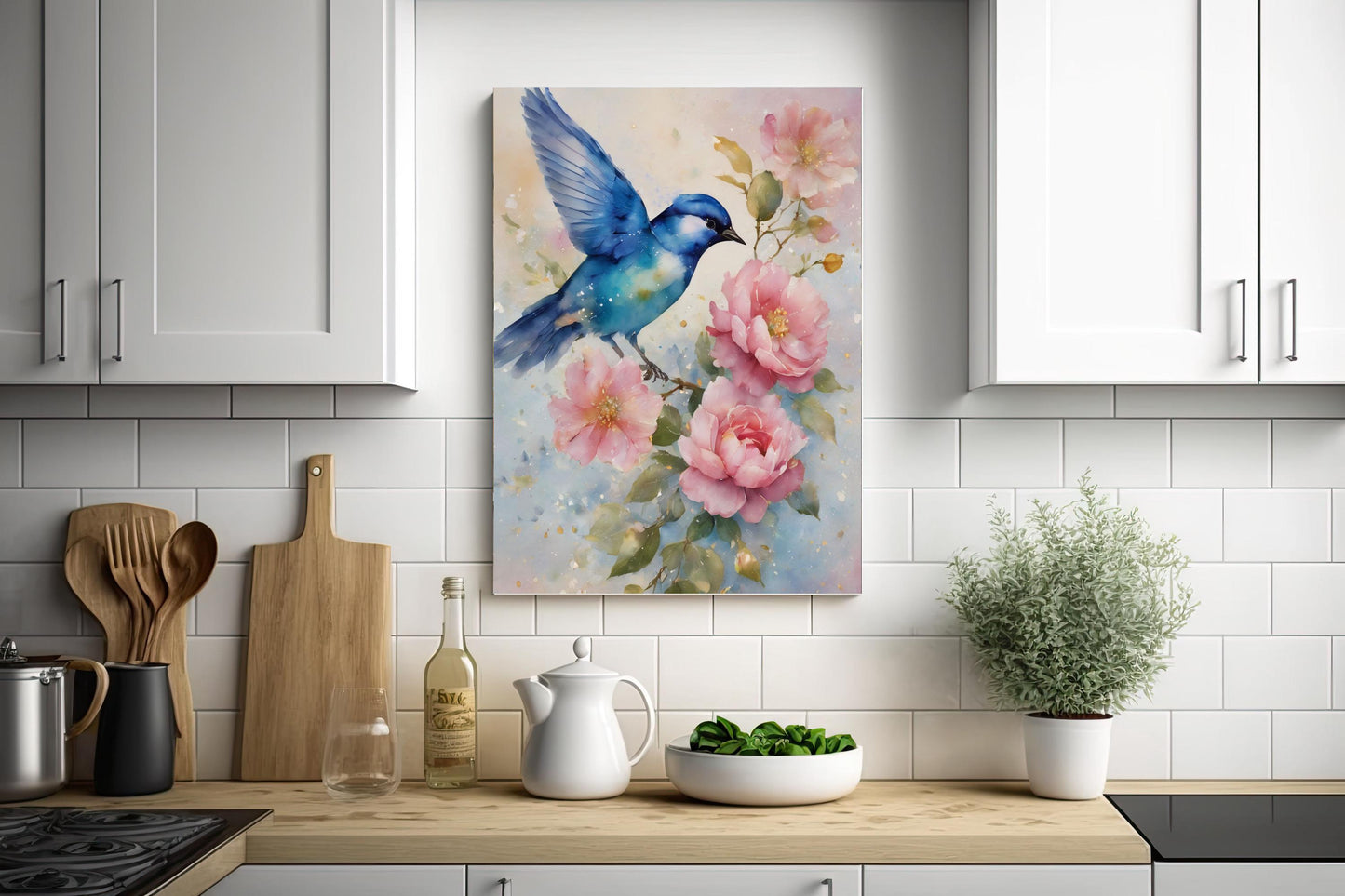 16x20 Blue Bird and Pink Flowers Wall Art Canvas Print