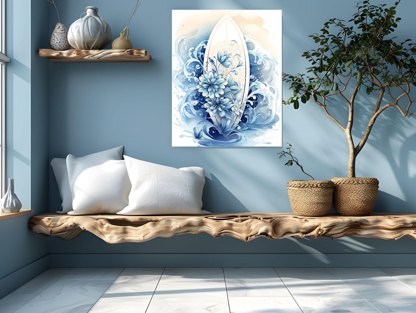 16x20 Blue Floral Surf Board Coastal Wall Art Canvas Print