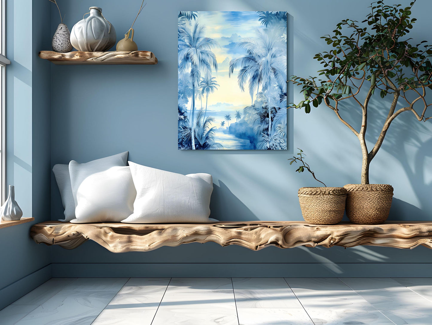 16x20 Blue Tropical Palms Coastal Wall Art Canvas Print