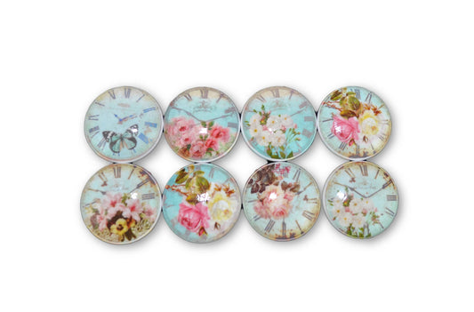 Set of 8 Blue Shabby Floral Clock Face Cabinet Knobs Closeout