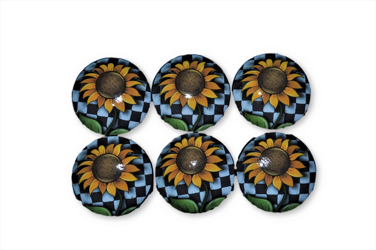 Set of 6 Black and White Check Sunflowers Cabinet Knobs