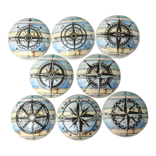 Set of 8 Blue and Yellow Weathered Wood Compass Nautical Cabinet Knobs