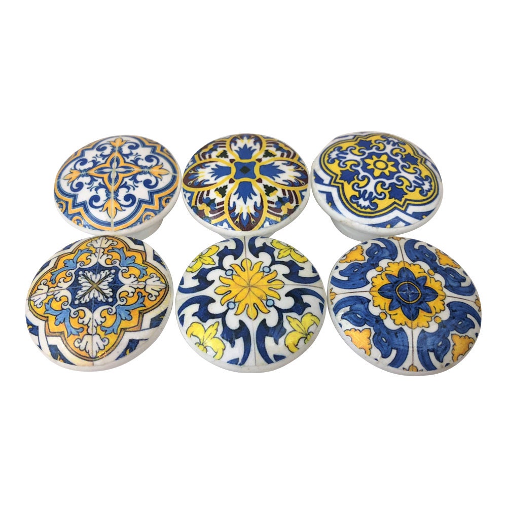 Set of 6 Blue and Yellow Medallion Print Cabinet Knobs