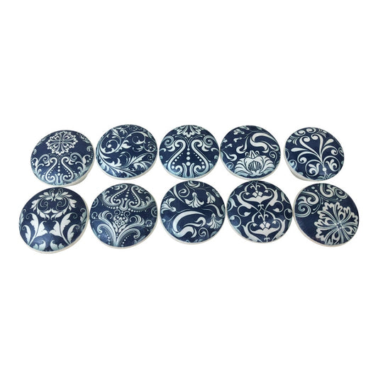 Set of 10 Navy and White Floral Medallion Cabinet Knobs