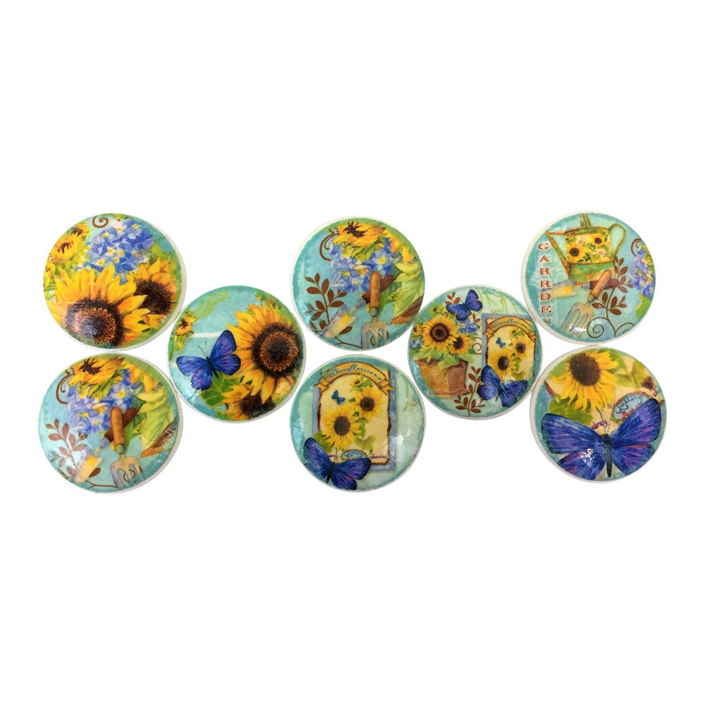 Set of 8 Sunflowers on Blue Print Cabinet Knobs