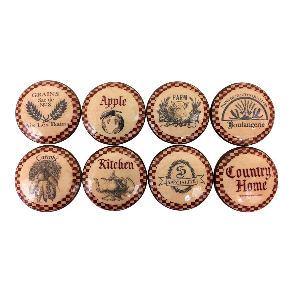 Set of 8 Country Kitchen Print Cabinet Knobs