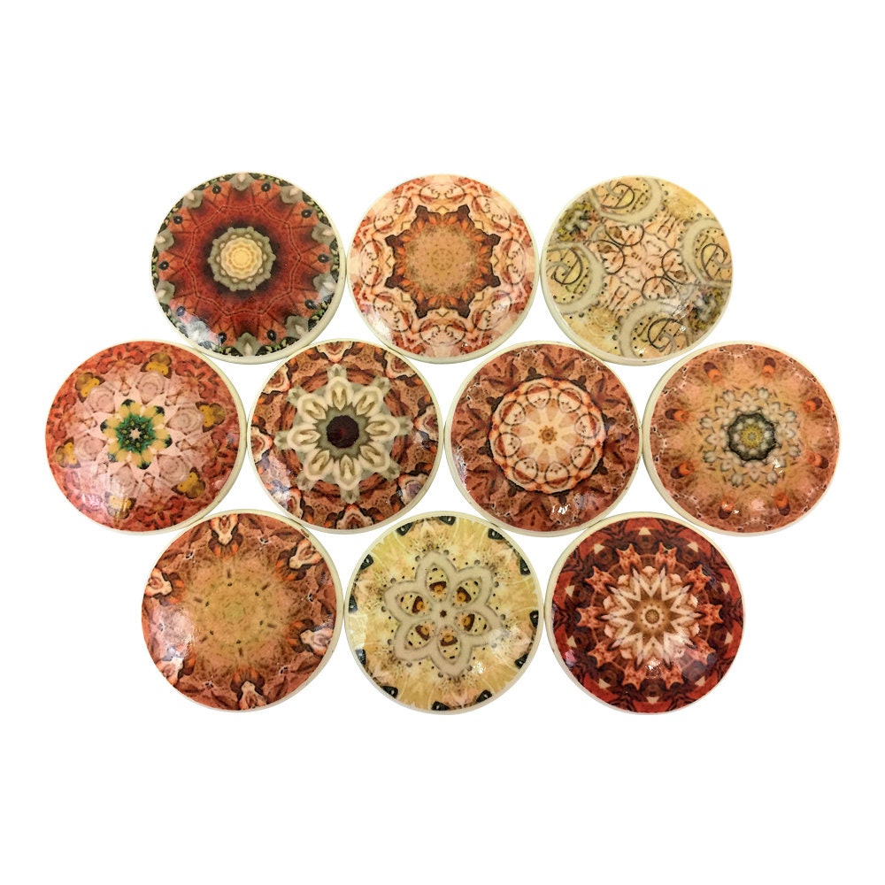 Set of 10 Rust and Ivory Mandala Cabinet Knobs