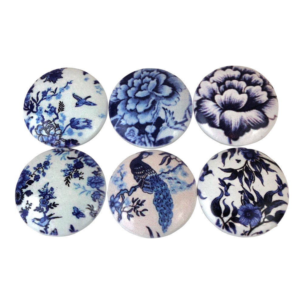 Set of 6 Blue and White Iznik Pottery Print Cabinet Knobs