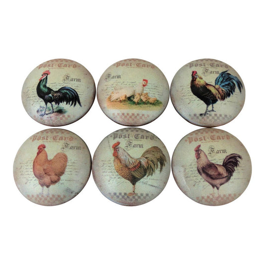 Set of 6 French Country Chicken Rooster Cabinet Knobs