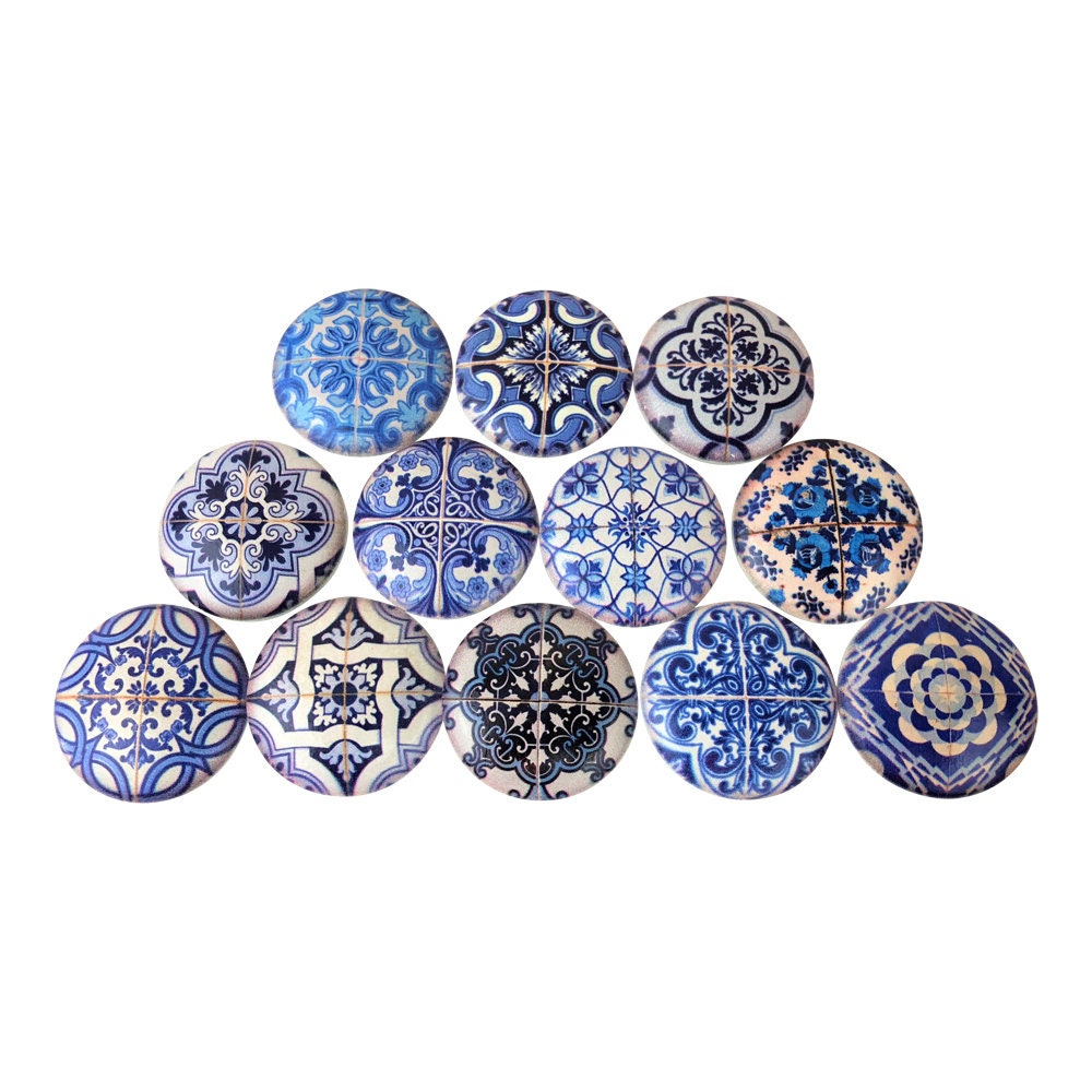 Set of 12 Blue and White Medallion Cabinet Knobs