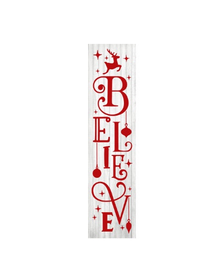 Red and White Believe Christmas Vertical Wood Print Sign