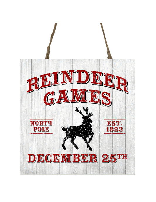 Reindeer Games Printed Handmade Wood Christmas Ornament Small Sign (5" x 5")