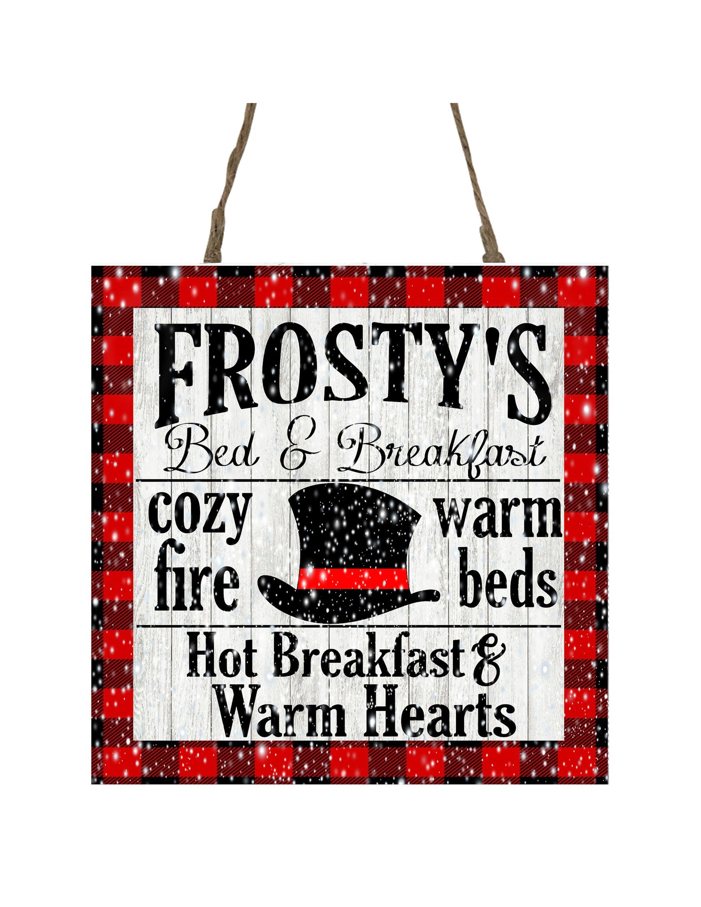 Frosty's Bed &amp; Breakfast - Adorno navideño de madera hecho a mano con estampado de cuadros de búfalo rojo, cartel pequeño