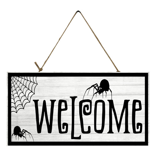 Señal de madera hecha a mano impresa de Halloween de bienvenida de araña