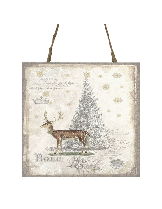 Ivory Deer and White Tree Printed Handmade Wood Christmas Ornament Small Sign