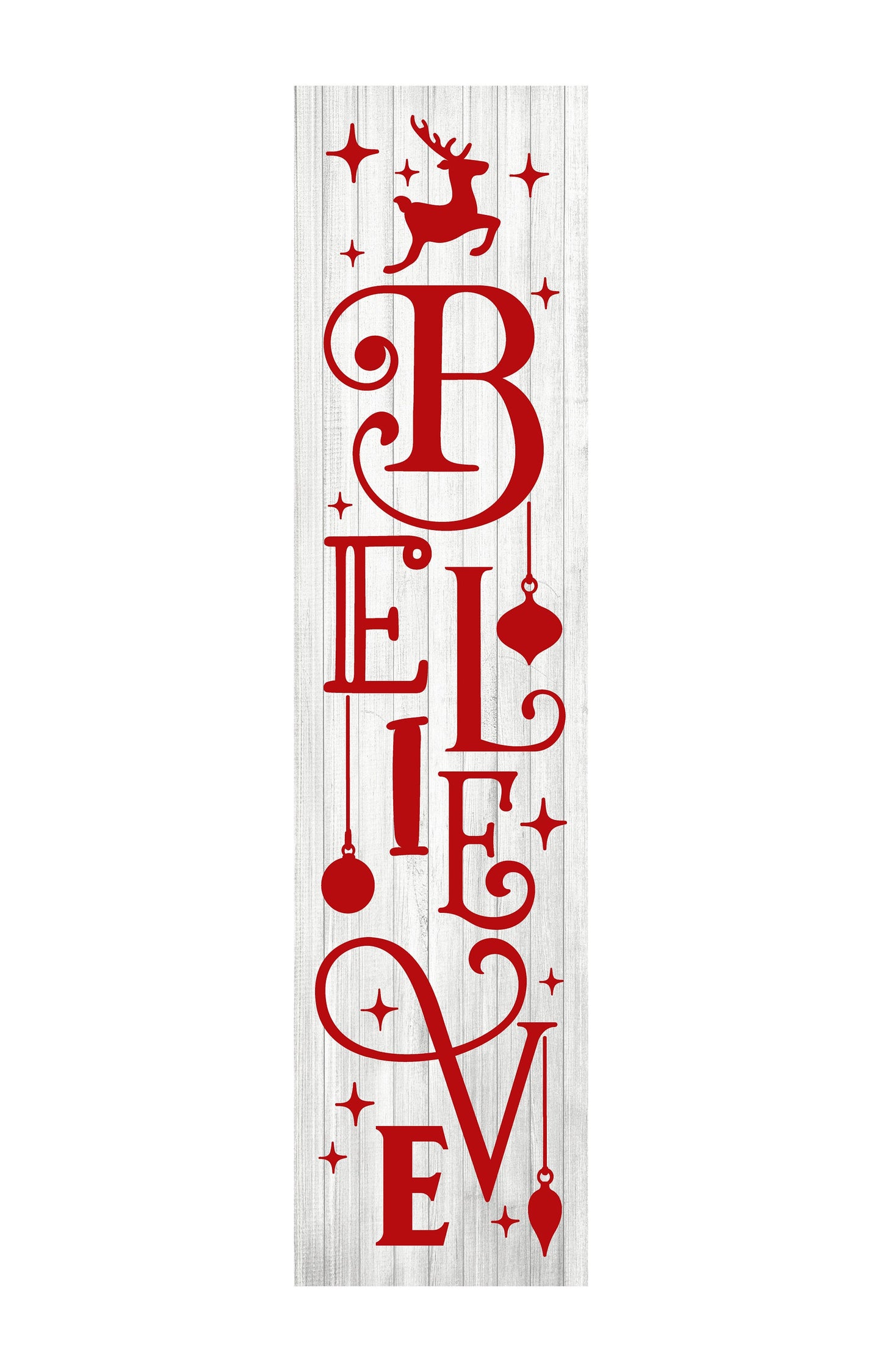 Letrero con estampado de madera vertical Believe Christmas en rojo y blanco