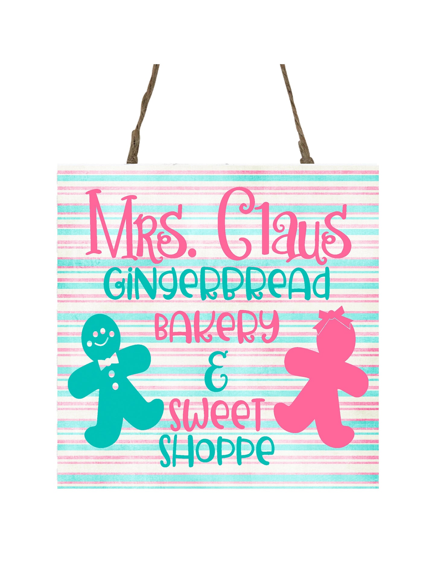 Pink Mrs. Claus Gingerbread Bakery Impreso Hecho a mano Madera Adorno navideño Pequeño cartel