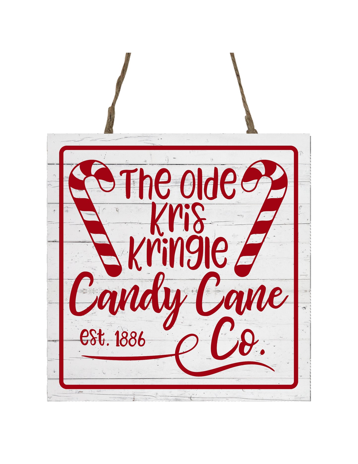 Kris Kringle Candy Cane Co impreso hecho a mano adorno de Navidad de madera pequeño cartel