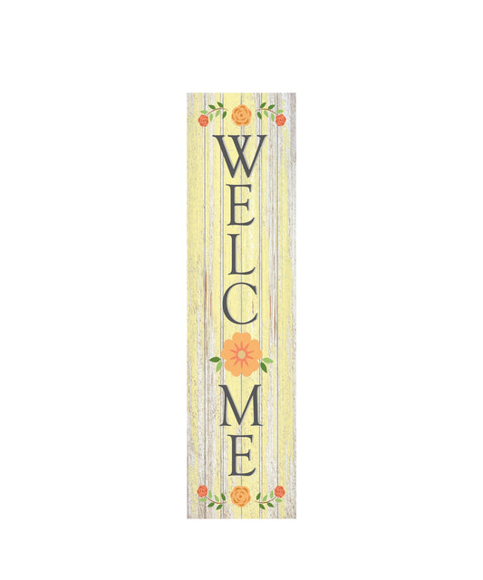 Yellow Floral Welcome Vertical Wood Print Sign