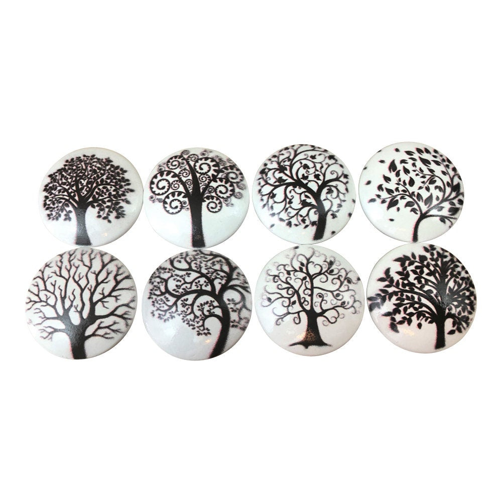 Set of 8 Black and White Trees Cabinet Knobs