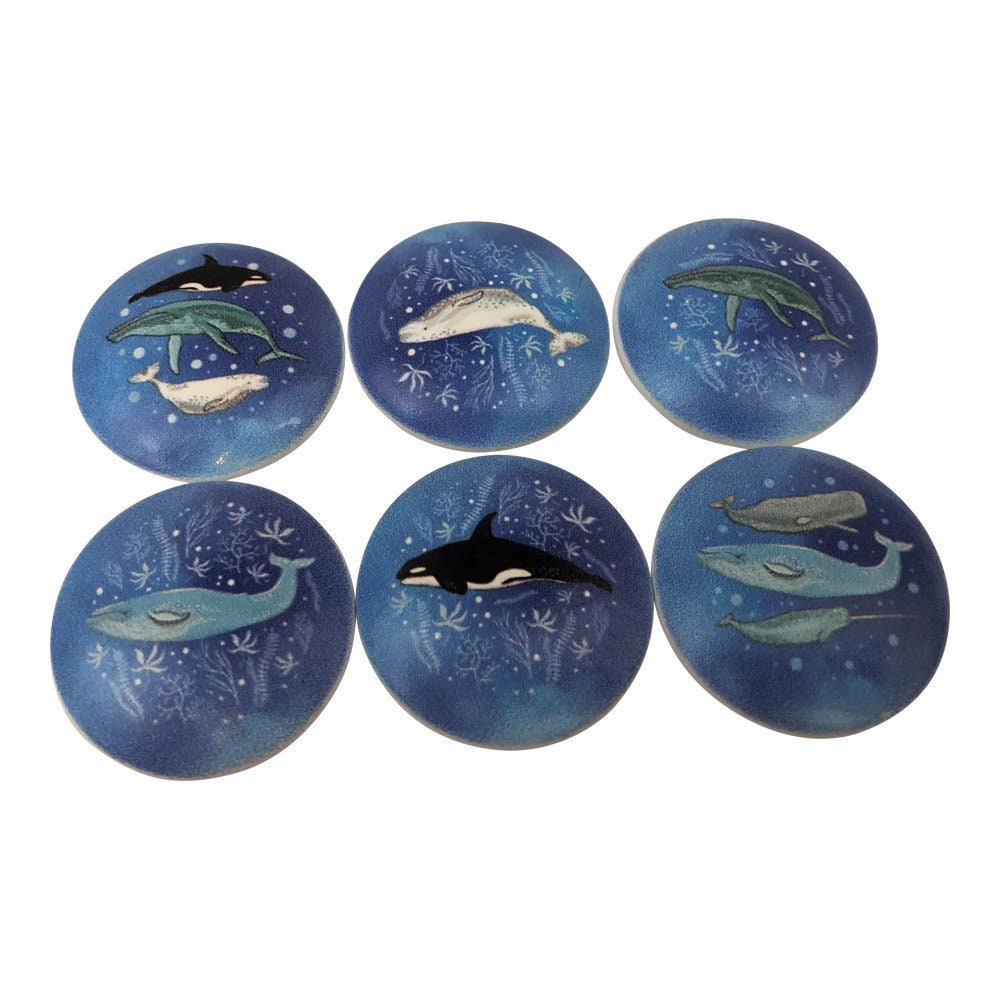 Set of 6 Whales on Blue Print Cabinet Knobs