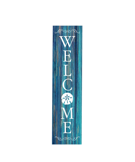 24 inch  (2 Ft Tall) Blue Coastal Welcome Vertical Wood Print Sign