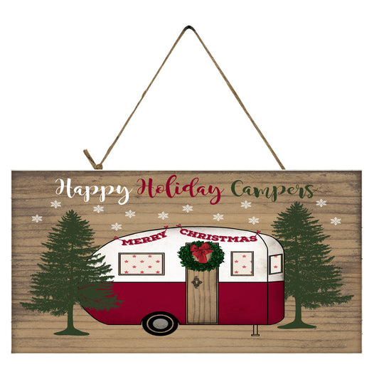 Letrero de madera hecho a mano con estampado navideño de Happy Holiday Campers