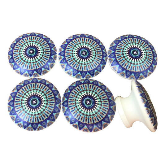 Set of 6 Blue and Green Moroccan Mandala Print Cabinet Knobs