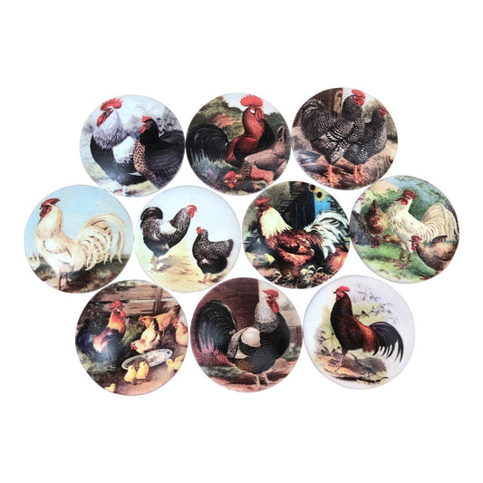 Set of 10 Chicken and Rooster Print Cabinet Knobs