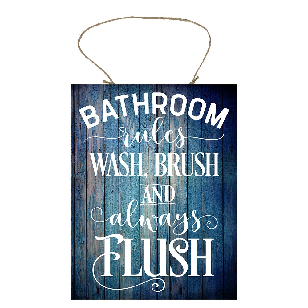 Blue Bathroom Rules Wash Brush and Always Flush Printed Handmade Wood Sign