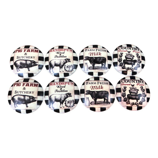 Set of 8 Black Check Farmhouse Animals Vintage Kitchen Cabinet Knobs