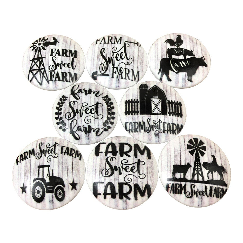 Juego de 8 tiradores de armario de madera Farm Sweet Farm en blanco y negro