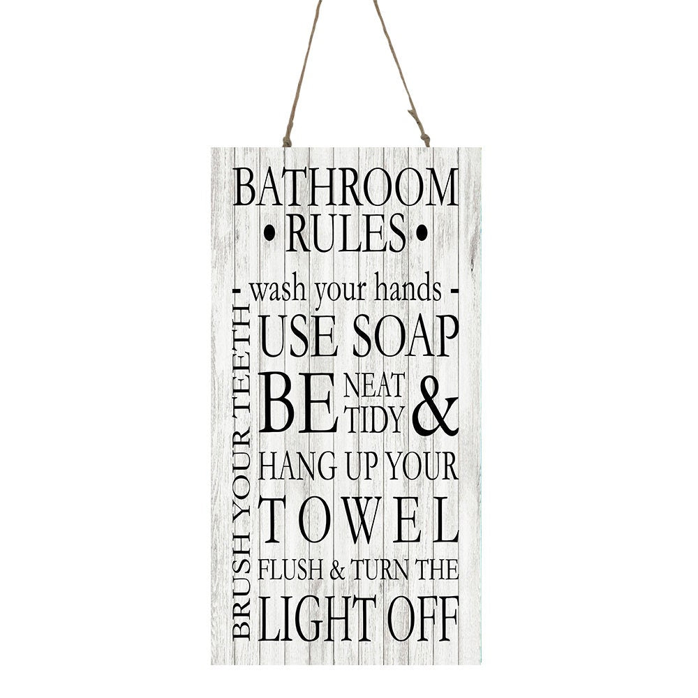 Black and White Vertical Bathroom Rules Printed Handmade Wood Sign
