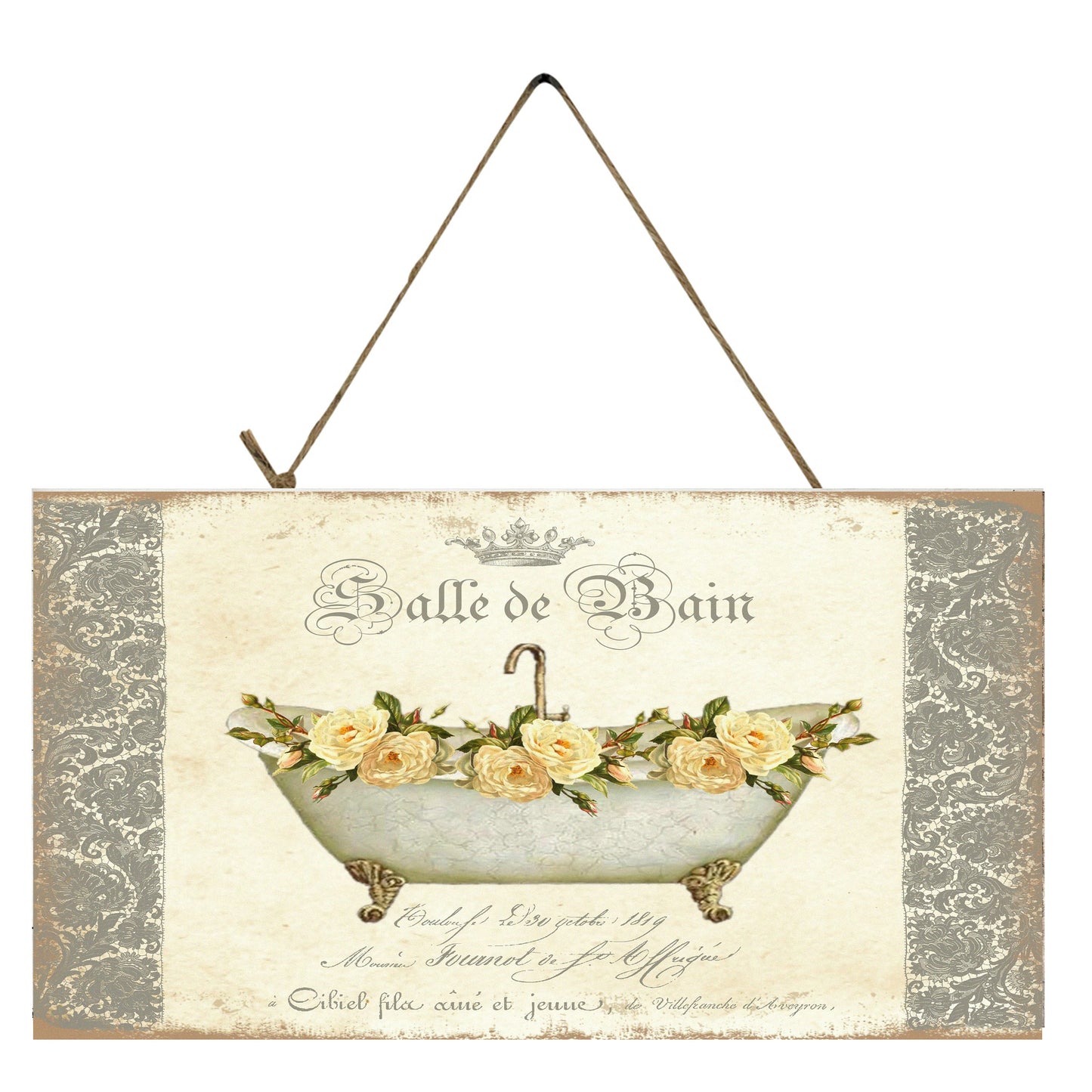 Yellow and Gray Salle de Bain Bathroom Printed Handmade Wood Sign