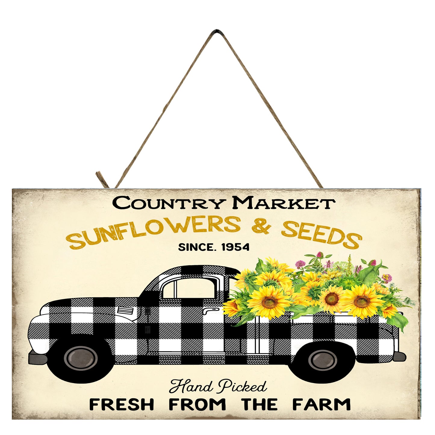 Black Plaid Sunflower Vintage Truck Printed Handmade Wood Sign