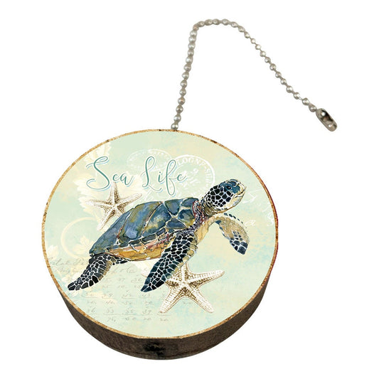 Sea Turtle Print Round Wood Fan / Light Pull