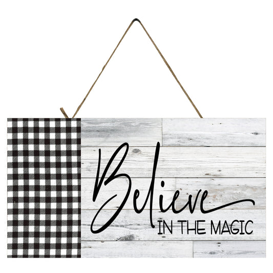 Black Buffalo Check Believe in the Magic Christmas - Letrero de madera hecho a mano impreso