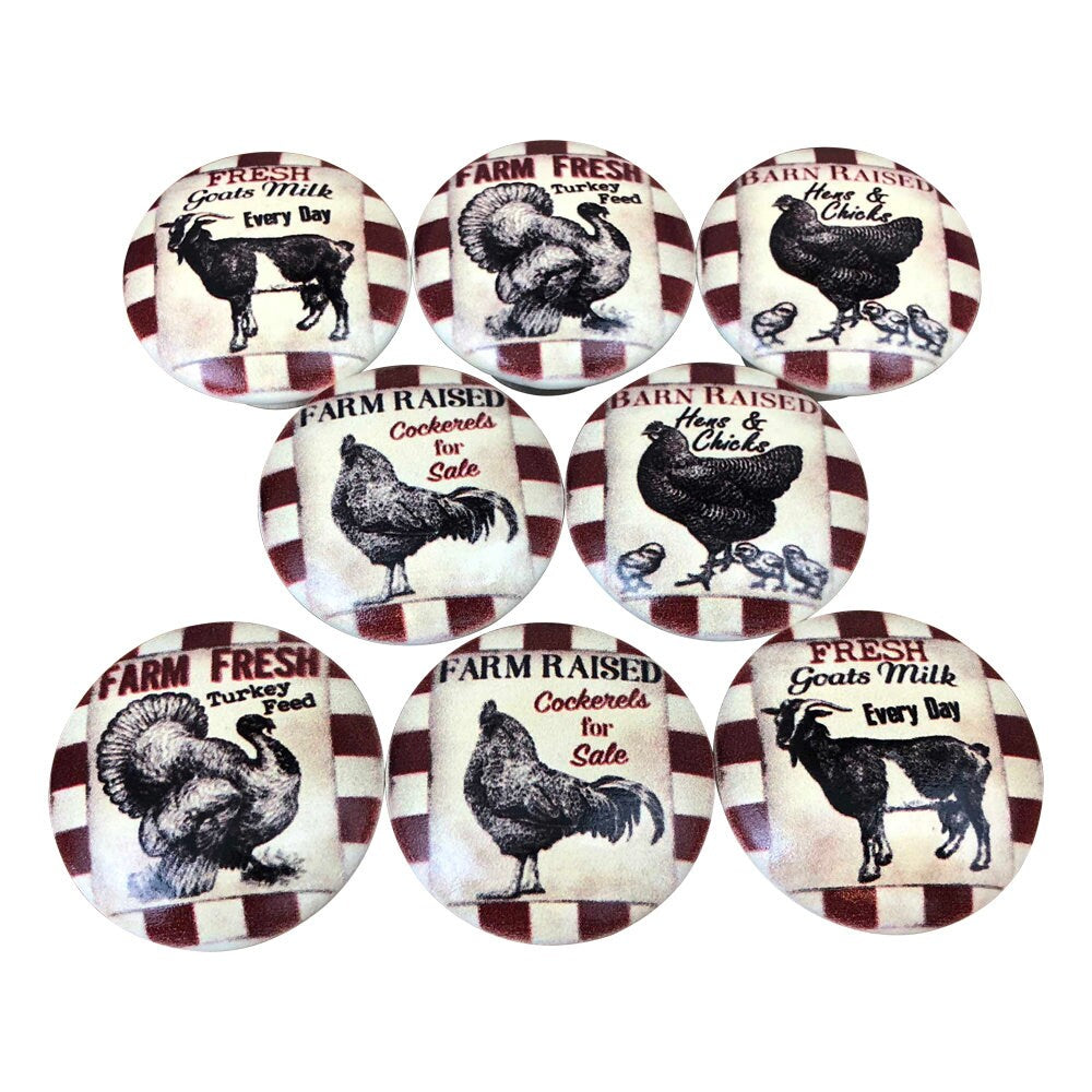 Set of 8 Red Check Farmhouse Animals Vintage Kitchen Cabinet Knobs