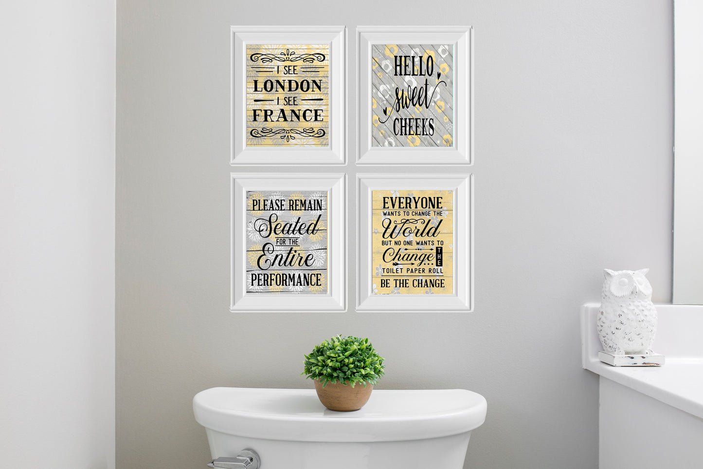 Juego de 4 impresiones en lienzo divertidas de 8 x 10 para pared de baño, color amarillo y gris