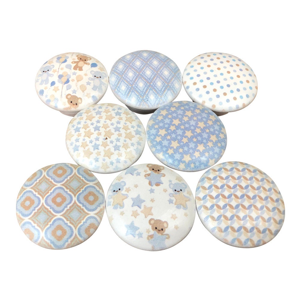 Set of 8 Blue Cuddle Nursery Print Cabinet Knobs