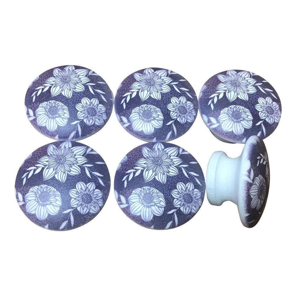 Set of 6 White Floral on Blue Print Cabinet Knobs